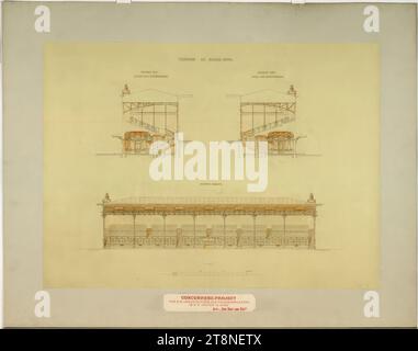 Wien, Krieau, Trabtieranlage, Wettbewerbsprojekt 'von Anfang bis Ende', Tribünen (Tafel-Raum), Umrisse und Abschnitte, Anton Drexler (Wien 1858 - 1940 Wien), Josef Drexler (Wien 1850 - 1922 Wien), 1898, Architekturzeichnung, Bleistiftzeichnung; Papier, fein, 52,5 x 71,9 cm Stockfoto