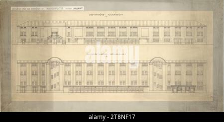 Wien, Krieau, Trabtieranlage, Wettbewerbsprojekt 'Vollblut', Drexler, West- und Aktionärsstand, Rückansicht, 1910, Anton Drexler (Wien 1858 - 1940 Wien), Josef Drexler (Wien 1850 - 1922 Wien), 1910, Architekturzeichnung, Bleistiftvorzeichnung und Schwarzstiftzeichnung, Karton, 52,6 x 104,2 cm Stockfoto