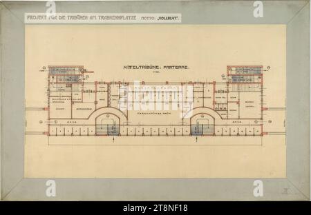 Wien, Krieau, Trab-Anlage, Wettbewerbsprojekt 'Vollblut', Drexler, Mittelständer, Grundriss, Erdgeschoss, 1910, Anton Drexler (Wien 1858 - 1940 Wien), Josef Drexler (Wien 1850 - 1922 Wien), 1910, Architekturzeichnung, Bleistiftvorzeichnung, Farbstiftzeichnung (blau, rot) und Federzeichnung (schwarz, rot); Karton, 43,6 x 67,2 cm Stockfoto