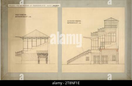 Wien, Krieau, Trab-Anlage, Wettbewerbsprojekt 'Vollblut', Drexler, west- und Aktionärsstand, Seitenansicht, 1910, Anton Drexler (Wien 1858 - 1940 Wien), Josef Drexler (Wien 1850 - 1922 Wien), 1910, Architekturzeichnung, Bleistiftvorzeichnung und schwarze Federzeichnung, Farbstift (braun); Karton, 52,4 x 85,8 cm Stockfoto