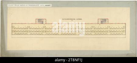 Wien, Krieau, Trab-Anlage, Wettbewerbsprojekt 'Vollblut', Drexler, Aktionärsgalerie, Grundriss, 2. OG, 1910, Anton Drexler (Wien 1858 - 1940 Wien), Josef Drexler (Wien 1850 - 1922 Wien), 1910, Architekturzeichnung, Vorzeichnung Bleistift, Buntzeichnung (blau, rot, gelb) und Federzeichnung (schwarz); Karton, 43,3 x 104,6 cm Stockfoto