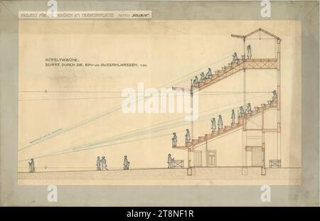Wien, Krieau, Trab-Anlage, Wettbewerbsprojekt 'Vollblut', Drexler, Mittelständer, Schnitt, 1910, Anton Drexler (Wien 1858 - 1940 Wien), Josef Drexler (Wien 1850 - 1922 Wien), 1910, Architekturzeichnung, Vorzeichnung Bleistiftzeichnung, Farbstiftzeichnung (blau, gelb, grün, braun, grau) und Federzeichnung (schwarz, rot, grün); Karton, 52,9 x 82 cm Stockfoto