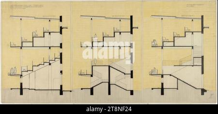 Wien, Krieau, Trab-Anlage, Wettbewerbsprojekt „Hippos“, Hegele, Aktionärsgalerie, Schnitte, 1910, 1910, Architekturzeichnung, schwarze Stiftzeichnung, Vorzeichnung und Farbzeichnung (gelb); Papier, mitteldick, 44,4 x 93,4 cm, unten rechts „II“, Bleistift Stockfoto