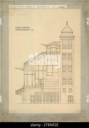 Wien, Krieau, Trab-Anlage, Wettbewerbsprojekt 'Vollblut', Drexler, Mitteltribüne, Seitenansicht, Anton Drexler (Wien 1858 - 1940 Wien), Josef Drexler (Wien 1850 - 1922 Wien), 1910, Architekturzeichnung, Bleistiftvorzeichnung und schwarze Federzeichnung, Farbstift (braun), Karton, 70,8 x 52,1 cm Stockfoto