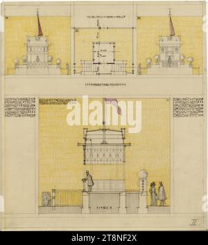 Wien, Krieau, Trab-Anlage, Wettbewerbsprojekt „Hippos“, Hegele, Zielrichterhaus, Grundriss und Höhe, 1910, 1910, Architekturzeichnung, Bleistiftvorzeichnung und Farbstiftzeichnung (gelb, violett), schwarzer Stift; Papier, mitteldick, 32,9 x 29,4 cm, rechts unten „II“, Bleistift Stockfoto