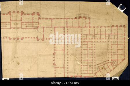 Wien I, Hofburg, Umbau- und Neubauprojekt, Innenhof und Amalienburg, detaillierter Grundriss, 18. Jahrhundert, Grundriss, Kreide (Vorzeichnung); schwarz-Sepia-Stift; rosa-graue Waschung, Blatt: 52,3 x 86 cm, Recto: Raumbezeichnungen, rückseitig: '2 Stockfoto