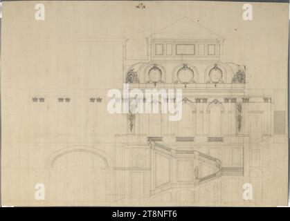 Wien I, Hofburg, Umbau- und Neubauprojekt, Treppenhaus, Abschnitt, 1748, Architekturzeichnung, Graphit (Vorzeichnung), Stift und Schwarz, Blatt: 60,7 x 85 cm, Rekto: 'Nein: 18 Stockfoto