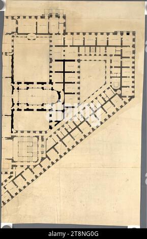 Wien I, Hofburg, Umbau- und Neubauprojekt, Amalienburg, detaillierter Grundriss, 18. Jahrhundert, Grundriss, Graphit (Vorzeichnung), Stift und Schwarz, Blatt: 79,7 x 50,4 cm, Recto: Raumbezeichnungen, rückseitig: '3 Stockfoto