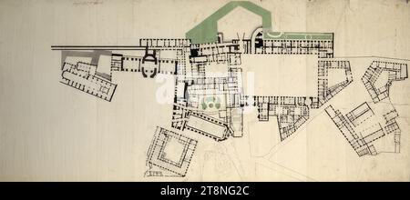 Wien I, Hofburg, Grundriss, Erdgeschoss, Grundriss, 2. Hälfte des 18. Jahrhunderts, Plan, Kreide; Stift und Tinte in schwarz; grüne Waschung, Blatt: 66 x 146,6 cm, Recto: 'Baupl. Stadt Nr. 64 (durchgestrichen) 182'; Messungen im Bereich der Stallburg verso: 'Stadt 182 Stockfoto