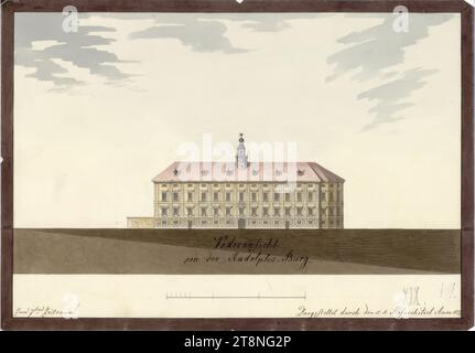 Wien I, Hofburg, Amalienburg, rekonstruierter Blick zum Innenhof zwischen 1576 und 1619, 1823, Architekturzeichnung, Graphit (Vorzeichnung); Stift in schwarz; mehrfarbige Waschung, Blatt: 20,2 x 28,7 cm, Recto: 'XIX' (ausgekratzt: 'XX'?); 'Vorderansicht, von den Rudolfen, Burg.'; 'für die 7. Periode.' verso: "KV 288 Stockfoto