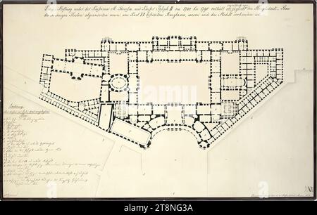 Wien I, Hofburg, Aman Umbau, rekonstruierter Gesamtgrundriss aus den Neubauprojekten oder Gebäuden aus den Jahren 1740 bis 1790, 1824, Plan, Graphit (Vorzeichnung); Stift und Tinte in schwarz; graues Waschen, Blatt: 46 x 72,8 cm, Rekto: 'XXIX.'; 'K: K: Hofburg unter Kaiserin M. Theresia und Kaiser Joseph II Ab 1740. Bis 1790. Enthält hauptsächlich nur den Grundriss des neuen, teilweise modifizierten, von Karl VI. Entworfenen Neubaus Bestimmte Burganlagen, von denen das Modell noch existiert."; markierte Räume Stockfoto