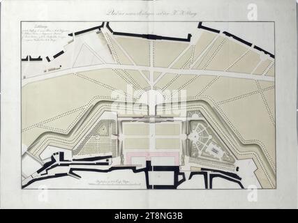Wien I, Hofburg, Glacis vor dem Burgtor, Erweiterungsprojekt mit dem äußeren Burgplatz, Burgtor und Gärten, 1820, Plan, Graphit (Vorzeichnung); Stift in schwarz; mehrfarbige Waschung, Blatt: 51,4 x 73,1 cm, Wappenkartusche; C&IHONIG, 'Plan der neuen Anlage vor dem K: K: Schloss'; Legende verso: 'k. k. Burg H. Nr. 8 Stockfoto