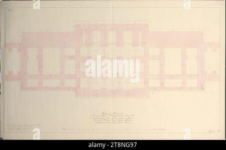 Wien I, Hofburg, Äußeres Burgtor, Projekt, Fundamente, Grundriss, um 1818-1821, Plan, Kreide (Vorzeichnung); Feder in Schwarz und Rot; rosa laviert, Blatt: 61,7 x 99,8 cm, 'PL.A X.A', 'Plan der Fundamente, des neuen Wiener Tors namens Burg Thor, gekennzeichnet mit den jeweiligen Maßen in Zahlen, Werk von Marquis Luigi Cagnola Milanese, Mitglied des Cesareo reale Istituto Italiano.', 'N. B. die rote Färbung zeigt die fertigen Fundamente, und die Linie um sie herum zeigt den Schuh an. Warnung, dass die Tiefe der Fundamente größer oder geringer ist Stockfoto