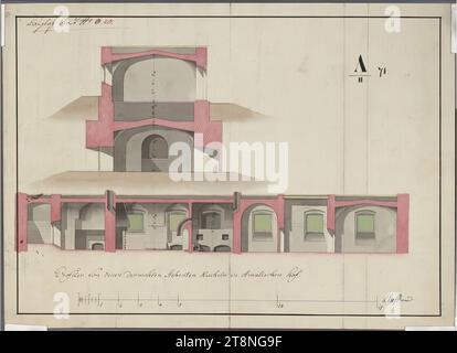 Wien I, Hofburg, Amalienburg, Küchen, Umbauprojekt, Schnitt, Nikolaus Franz Leonhard von Pacassi (Wiener Neustadt 1716 - 1790 Wien), 18. Jahrhundert, Plan, Kreide (Vorzeichnung); schwarz und Sepia; mehrfarbige Waschung, Blatt: 29,9 x 41,5 cm, Recto: "Profiler der im Amalischen hof stehenden Kuchen"; "A/II 71"; "Burgplatz City No. 20" rückso: "A/II 71"; "No 20/i Stockfoto