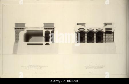 Wien I, Hofburg, Äußeres Burgtor, Projekt, Längsschnitte, um 1818-1821, Architekturzeichnung, Kreide (Vorzeichnung); Feder in Schwarz; grau laviert, Blatt: 61,1 x 101,1 cm, "Tav.A V.", "Schnittansicht der EF-Linie, der Kaserne, die mit dem Wiener Tor verbunden ist, Burg Thor, von Marquis Luigi Cagnola Milanese, Mitglied des Cesareo reale Istituto Italiano", "Querschnitt der CD-Linie, des Wiener Tors Burg Thor, Arbeit des Marquis Luigi Cagnola aus Mailand, Mitglied des Cesareo reale Istituto Italiano Stockfoto