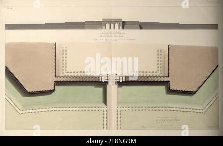 Wien I, Hofburg, Äußeres Burgtor, Projekt, Aufriß und Grundriss mit angrenzenden Kurtinen, um 1818-1821, Plan, Kreide (Vorzeichnung); Feder in Schwarz; grau, braun und grün laviert, Blatt: 61,2 x 100,3 cm, "Platte VII.", "Erhebung der Bastionsmauer, mit dem neuen Wiener Tor namens Burg Thor, von Marquis Luigi Cagnola Milanese, Mitglied des Cesareo reale Istituto Italiano.", "Plan des Raumes, in dem es errichtet werden soll, das neue Wiener Tor, genannt Burg Thor, von Marquis Luigi Cagnola aus Mailand, Mitglied des Cesareo reale Istituto Italiano Stockfoto