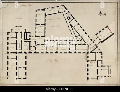 Wien I, Hofburg, Amalienburg, 1. Stock, Grundriss, Nikolaus Franz Leonhard von Pacassi (Wiener Neustadt 1716 - 1790 Wien), 1765-1766, Plan, Kreide (Vorzeichnung); Stift in schwarz-rot; graues Waschen, Blatt: 43,7 x 61,1 cm, Recto: 'amallischer hoff, haubt étagee'; Raumbeschriftungen verso: 'Nr 22, I'; A/II 37 Stockfoto