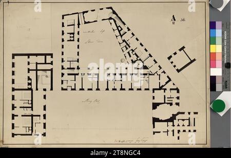 Wien I, Hofburg, Amalienburg, Erdgeschoss, Grundriss, Nikolaus Franz Leonhard von Pacassi (Wiener Neustadt 1716 - 1790 Wien), 18. Jahrhundert, Plan, Kreide (Vorzeichnung); Stift in schwarz; grau gewaschen, Blatt: 43,6 x 61,1 cm, Recto: 'Amallischer Hof, Ebener erden'; 'A/II 36'; 'Bauplatz Stadt Nr. 3 (durchgestrichen) 21' verso: 'Nr. 21, I'; 'A/II 36'; 'Stadt Nr. 21'; 'Plann fon Amalien Hof Stockfoto