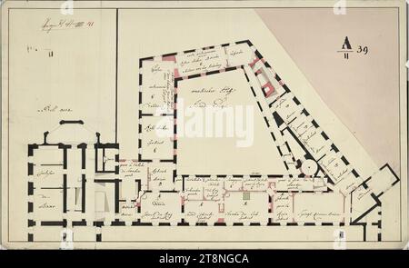 Wien I, Hofburg, Amalienburg, Umbau- und Neubauprojekt, 2. OG, Grundriss, Nikolaus Franz Leonhard von Pacassi (Wiener Neustadt 1716 - 1790 Wien), 1764-1765, Grundriss, Kreide (Vorzeichnung); Stift und Tinte schwarz; Stift braun; mehrfarbige Waschung, Blatt: 23,8 x 53,5 cm, Rückwand: "Amallischer Hoff Seconde Etagée"; "A/II 39"; "Projekt Nr. 10 (durchgestrichen) 41"; Räume mit der Bezeichnung "Amalischer Hof Stockfoto