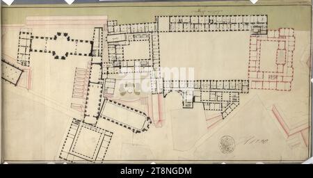 Wien I, Hofburg, Gesamtplan, 2. OG, Gesamtgrundriss, 1763, Plan, Kreide (Vorzeichnung); Stift und Tusche in schwarz; Stift in rot; mehrfarbige Waschung, Blatt: 25,2 x 50 cm, Rekto: Secondiem Etagee; H1200; Zimmer im Leopoldiner Flügel und teilweise im Reichskanzleramt und Schweizer Flügel auf der Rückseite nummeriert: '265 Stockfoto