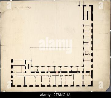 Wien I, Hofburg, Stallburg, 1. OG, Teilgrundriss, 2. Hälfte des 18. Jahrhunderts, Plan, Kreide (Vorzeichnung); Stift in schwarz; rosa Waschung, Blatt: 50 x 60,5 cm, Recto: 'Baupl. Stadt Nr. 9." verso: "Alte Stalburg - erster Stock"; Nr. 1; "Stadt Nr. 9"; I, Nr. 9 Stockfoto