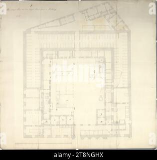 Wien I, Hofburg, Stallburg, Erdgeschoss, Grundriss, 1820, Plan, Graphit; Stift und braune Tinte, Blatt: 62,4 x 65,9 cm, Rekto: 'Niveauplan des gegenwärtigen Zustandes des k. k. k. Stallburg'; '267' verso: 'Stallburg Stadt Plan Archiv Nr. 211 [durchgestrichen 161]'; 'City I/267'; '820'; '821 Stockfoto