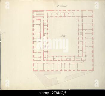 Wien I, Hofburg, Stallburg, 2. Stock, Grundriss, 1820-1849, Grundriss, Graphit (Vorzeichnung); Stift in schwarz; rosa und violett gewaschen, Blatt: 58,7 x 69 cm, 2. Stock Stockfoto