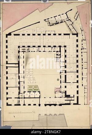 Wien I, Hofburg, Stallburg, Erdgeschoss, Grundriss, 1773, Plan, Kreide (Vorzeichnung); Stift in schwarz und rot; mehrfarbige Waschung, Blatt: 80 x 56,6 cm, Rekto: 'Baupl. Stadt Nr. 89.'; Raumnummerierung verso: 'Korrekter Plan der alten Stallburg - auf Höhe von Erden den 1t 9bris 773.'; 'Stadt 1, 89 Stockfoto