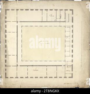 Wien I, Hofburg, Stallburg, 2. Stock, Grundriss, 18. Jahrhundert, Grundriss, Kreide (Vorzeichnung); Stift in schwarz; grau und olivgrün, Blatt: 57 x 58,3 cm, Recto: '2. Stock, von der Stahlburg'; 'Nr. 3A'; Bauplan Stadt. Nr. 8."; Zimmerbeschriftungen verso: 'Grund Riß von der Stalburg'; 'Old Stalburg Second Floor', 'No 8/I Stockfoto