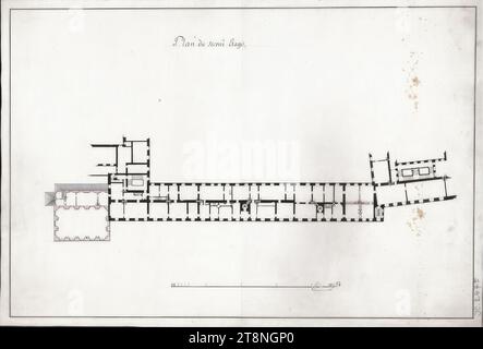 Wien I, Hofburg, Leopoldiner Flügel, 2. OG, Grundriss mit Festsaal an Bellaria Ecke, 1802, Grundriss, Graphit (Vorzeichnung), Stift und schwarz; Rosa, Grau und Gelb, Bettwäsche: 41,5 x 61,3 cm, Plan du Second Floor Stockfoto