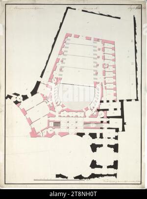 Wien I, Hofburg, altes Burgtheater, Neubauprojekt A auf dem Gelände der Sommerreitschule, Erdgeschoss, Grundriss, 1810, Grundriss, Kreide (Vorzeichnung); Stift und Tinte in Schwarz; Rosa, Grau und Braun, Blatt: 62,3 x 48,2 cm, „Ebenerde A“; „Design for a k:k:Court Theatre“; „Project 163 Stockfoto