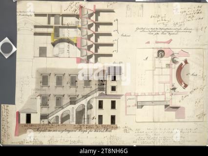 Wien I, Hofburg, altes Burgtheater, Treppen im Hofhof der Hofreitschule und von ihnen aus zugängliche Räume, Grundriss, Abschnitt, Höhe, 1810, Plan, Kreide (Vorzeichnung); Stift in schwarz; mehrfarbige Waschung, Blatt: 45 x 64,4 cm, Recto: 'Blick auf die neu hinzugekommenen Treppen für die 3. und 4. Etage'; 'Grundriss eines Teils des Hofburgtheaters und seiner Stockwerke, mit der neu hinzugekommenen Treppe., gelb gekennzeichnet.'; Erläuterungen, Kommentare rückwärts: "Nein: 99."; "Nr. 8 Stockfoto