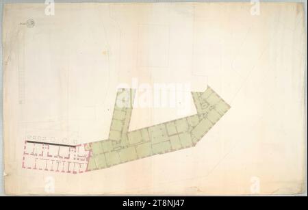 Baden, Frauenbad und Kaiserwohnhaus, Grundriss, 1. Obergeschoss, unbestimmt, 1812, Plan, Papier; Stiftzeichnung; Konstruktionslinien in Bleistift, Stift in Schwarz, mehrfarbige Waschung, Stempel, V: Stift, 62,7 x 98,5 cm, Sammlermarke: Doppeladler/ K K HOF BAURATH [Stempel], H 591; K. Bau ARCHIV [Stempel]; rückwärts: 448/ Bibliothek des kk-Ministeriums für öffentliche Arbeiten [Stempel]. Die Datierung basiert auf der Inschrift auf der Rückseite der Zeichnung Az. 7246., „Main floor Stockfoto