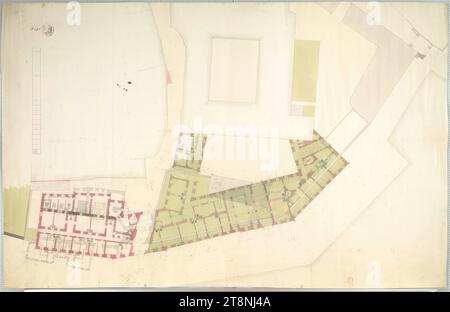 Baden, Frauenbad und Kaiserwohnhaus, Grundriss, Erdgeschoss, unbestimmt, 1812, Plan, Papier; Federzeichnung; Baulinien in Bleistift, Stift in grau und schwarz, mehrfarbige Waschung, Stempel, V: Stift, 62,9 x 98 cm, Sammlermarke: Doppeladler/ K K HOF BAURATH [Stempel], H 591; K. Bau ARCHIV [Stempel]; rückseitig: 448/ Bibliothek des kk Ministeriums für öffentliche Arbeiten [Stempel]. Die Datierung basiert auf der Inschrift auf der Rückseite, 'Middle Floor Stockfoto