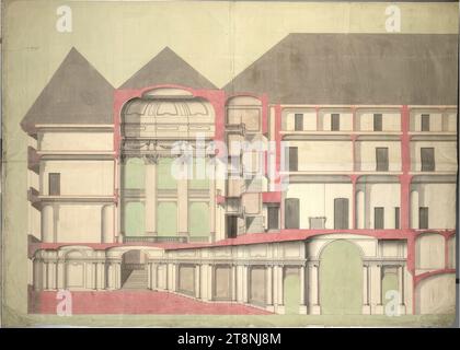 Wien I, Hofburg, Amalienburg, Umbau- und Neubauprojekt, Vestibül und Treppenhaus, Abschnitt, 1763, Architekturzeichnung, Kreide (Vorzeichnung, Skizzen); Stift in schwarz; mehrfarbige Waschung, Blatt: 122,5 x 180,4 cm, Recto: 'Projeckt No. 16' rückwärts: 'No. 16/D-1 Stockfoto