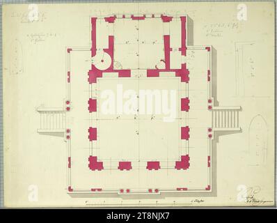 Laxenburg, Park, Marianeninsel, Marianentempel, Erdgeschoss, Grundriss, unbestimmt, 1837-1842, Plan, Papier, mittlere Dicke; Stiftenzeichnung; Konstruktionslinien und Skizzen in Bleistift, schwarz-grauer Stift, rosa-grauer Waschung, 30,3 x 40,3 cm Stockfoto