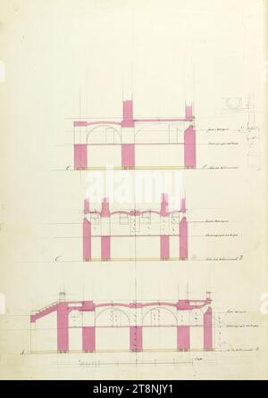 Laxenburg, Park, Marianeninsel, Marianentempel, Abschnitte und detaillierte Skizze, unbestimmt, 1837-1842, Plan, Papier, mittlere Dicke; Stiftenzeichnung; Konstruktionslinien und Skizzen in Bleistift, schwarz-brauner Stift, rosa und gelbe Waschung, 54,7 x 38,2 cm Stockfoto