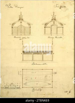 Altmünster, Traunsee, Oberösterreich, Villa Ranzoni, Schiffshütte, Grundriss, Erhebungen und Abschnitt, Carl von Hasenauer (Wien 1833 - 1894 Wien), 1862, Grundriss, Stift und Tinte in Braun und Rot, Villa Ranzoni Schiffshütte Stockfoto