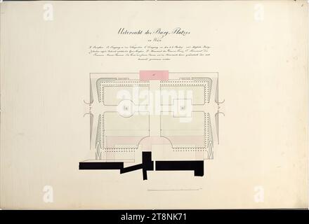 Wien I, Hofburg, Äußeres Schlosstor mit Kaiser Franz und Maria Theresia Denkmal, Grundriss, anonym, um 1824 (eher nach 1835), Architekturzeichnung, Kreide (Vorzeichnung); Stift in schwarz; mehrfarbige Waschung, Blatt: 56,4 x 83 cm, 'Überblick (sic) der Burg, Platz, in Wien., A. Burgthor. B. Eingang zum Volksgarten. C. Eingang in den k: k: Garten. abcd mögliches Schloss, Ergänzungen. Acfghi. Die daraus resultierende Kreuzung, Straßen. D Denkmal für Kaiser Franz. E Denkmal für Kaiserin Maria Theresia. Die Freiräume um die Denkmäler herum können quadratisch oder kreisförmig sein.“ Stockfoto