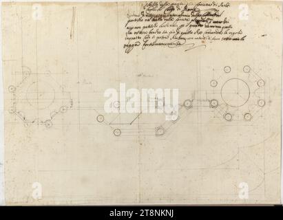 Rom, Santi Ambrogio e Carlo, San Carlo al Corso, Fassadengrundriss, 17. Jahrhundert, Architekturzeichnung, Konstruktion, Zeichnung, Originalbeschriftung und Kotierung in feinstem Graphit; später mit feinstem Feder, 25,5 cm x 35,3 cm, im Plan (Francesco Righi ?): ' 12, Porta' und 'porta'; r.o. (Bernardo Castelli Borromini): "Skizze des Grundrisses der Fassade von Sant, Carlo al Corso di Roma, denken Sie daran, das Interkolunium des Collone der, Säulenhalle in der Mitte der Fassade mindestens 17:00 Uhr oder sechs Uhr, Acio non Patischi Sturz für den großen Raum außer dem einen zu schmalen Stockfoto