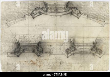 Rom, Collegio di Propaganda Fide, Fassadenfenster im Obergeschoss, Grundrisse, 1660-1662, Architekturzeichnung, Papier, mittleres Gewicht; Graphitzeichnung; Blindnuten; Konstruktion, Zeichnung, Skala und Inschrift in Graphit; zahlreiche Einstiche, 16 x 24,7 cm, links Mitte: (unleserliche Inschrift etwa acht Zeilen): verso, (über dem Grundriss des Fensters, links unten): 'le teste della luce no(n) cio, al, Long di dentro'; unten Mitte: 'Non deve esser piu piccola, che 3/4 overo 5/6 dentro del agetto, del Dato accio il Pilastro Stockfoto