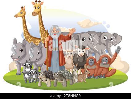 Illustration einer Gruppe wilder Tiere im Zeichentrickstil, die die Bibelgeschichte Noahs darstellt Stock Vektor