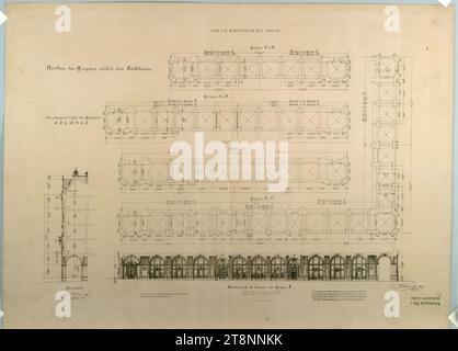 Wien I, Arkaden des Baugrundstücks im Bereich des Rathauses, Grundriss, Höhe und Abschnitt, Friedrich von Schmidt (Frickenhofen (Württemberg) 1825 - 1891 Wien), Franz (Ritter) von Neumann (Wien 1844 - 1905 Wien), Carl von Hasenauer (Wien 1833 - 1894 Wien), 1877, Plan, Druck, „PRIVAT EIGENTHUM/CARL HASENAUER Stockfoto