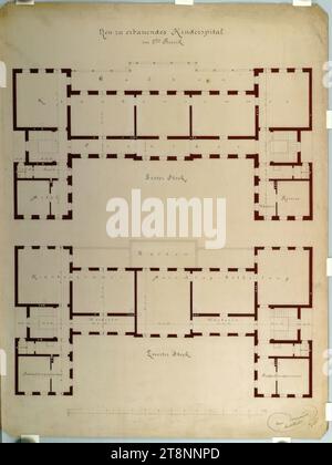 Wien II, obere Augartenstraße 26, Kinderkrankenhaus, Grundrisse, Carl von Hasenauer (Wien 1833 - 1894 Wien), 6. August 1870, Plan, Tinte und Stift auf Papier, 'Neues Kinderkrankenhaus soll gebaut werden/ im 2. Bezirk.', 'erster Stock. ', 'zweiter Stock Stockfoto