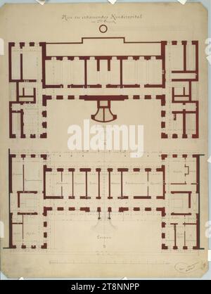 Wien II, obere Augartenstraße 26, Kinderkrankenhaus, Grundriss, Carl von Hasenauer (Wien 1833 - 1894 Wien), 6. August 1870, Plan, Tinte und Stift auf Papier, 'Neues Kinderkrankenhaus soll gebaut werden/ im 2. Bezirk.', 'Keller.', 'Erdgeschoss Stockfoto