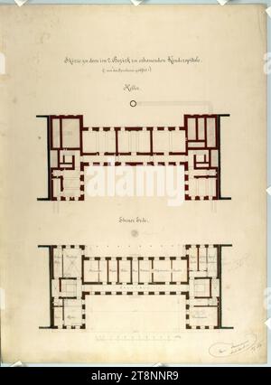 Wien II, obere Augartenstraße, Kinderkrankenhaus, Grundrisse, Carl von Hasenauer (Wien 1833 - 1894 Wien), 10. Mai 1869, Plan, Tusche und Stift auf Papier, 'Skizze für das Kinderkrankenhaus, das im 2. Bezirk errichtet werden soll./ (: Von der gespendet an Sparkasse.:)/ Keller.', 'ebener Boden Stockfoto