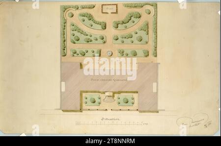 Wien II, obere Augartenstraße, Kinderkrankenhaus, Lageplan, Carl von Hasenauer (Wien 1833 - 1894 Wien), 6. August 1870, Plan, Bleistift, Tinte mit Stift auf Papier, Aquarell, Situation Stockfoto