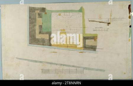 Wien II, obere Augartenstraße, Kinderkrankenhaus, Bauvermessung des alten Gebäudes, Carl von Hasenauer (Wien 1833 - 1894 Wien), 1870, Plan, Bleistift, Tinte mit Stift auf Papier, Aquarell Stockfoto