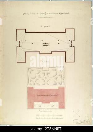 Wien II, obere Augartenstraße, Kinderkrankenhaus, Grundriss und Grundriss, Carl von Hasenauer (Wien 1833 - 1894 Wien), 22. April 1869, Plan, Bleistift, Tinte mit Stift auf Papier, Aquarell, 'Skizze für das Kinderkrankenhaus, das im 2. Bezirk gebaut werden soll./ (: gespendet von der Sparkasse.:)/ Attisch.', 'Situation Stockfoto