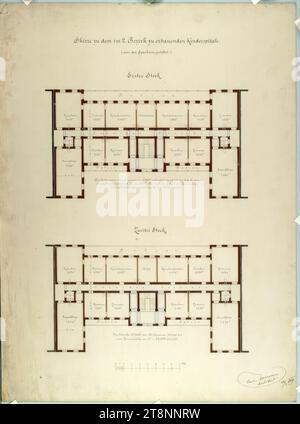 Wien II, obere Augartenstraße, Kinderkrankenhaus, Grundrisse, Carl von Hasenauer (Wien 1833 - 1894 Wien), 22. April 1869, Plan, Tusche und Stift auf Papier, 'Skizze für das Kinderkrankenhaus, das im 2. Bezirk gebaut werden soll./ (: von der Sparkasse gespendet.:)/ erster Stock.", "die Referenzräume messen insgesamt 4.892 []", beleuchtet von 126 Cur. Fußfenster,/ es berücksichtigt daher 1. C. F. Fenster 38,8 []'. Der Kubikgehalt der Räume wird auf eine Raumhöhe von 12' 2 58 geschätzt. 704 Kub. Fuß.“, „zweiter Stock“. Stockfoto